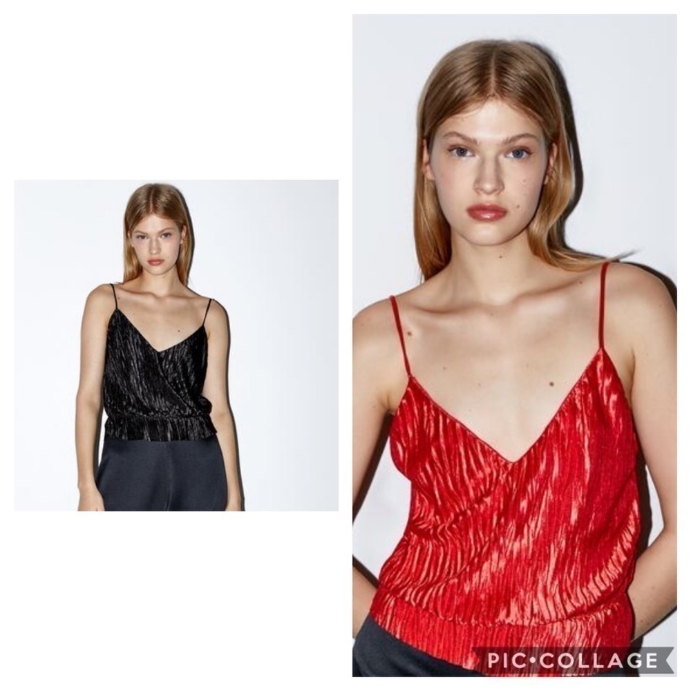 Zara crinkle effect peplum tanks red black L nwt!
